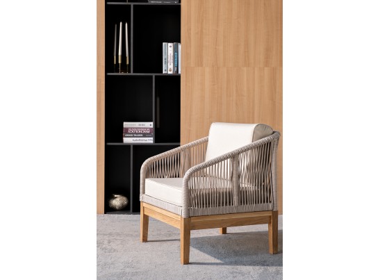 "Канны" кресло плетеное из роупа, основание дуб, роуп бежевый круглый, ткань бежевая 052 в Каменске-Уральском