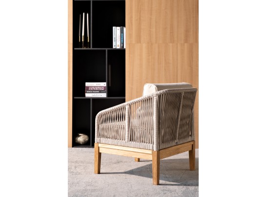 "Канны" кресло плетеное из роупа, основание дуб, роуп бежевый круглый, ткань бежевая 052 в Каменске-Уральском