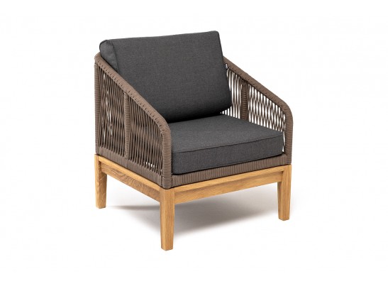 "Канны" кресло плетеное из роупа, основание дуб, роуп коричневый круглый, ткань темно-серая 027 в Каменске-Уральском