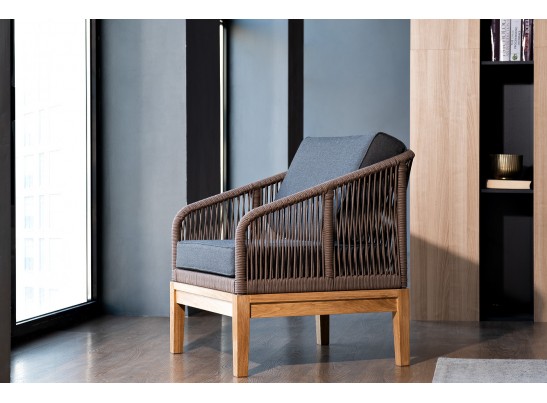 "Канны" кресло плетеное из роупа, основание дуб, роуп коричневый круглый, ткань темно-серая 027 в Каменске-Уральском