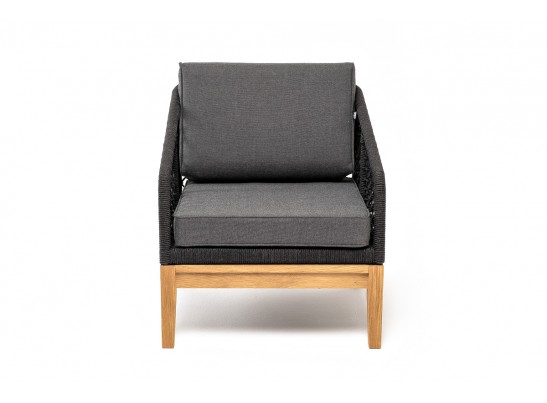 "Канны" кресло плетеное из роупа (узелки), основание дуб, роуп темно-серый круглый, ткань серая в Каменске-Уральском