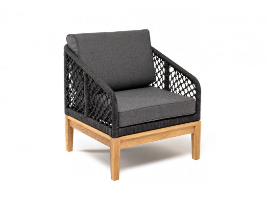 "Канны" кресло плетеное из роупа (узелки), основание дуб, роуп темно-серый круглый, ткань серая в Каменске-Уральском