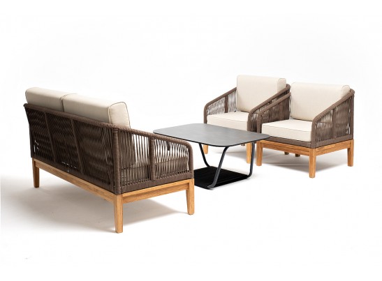 "Канны" лаунж-зона 4-местная из роупа со столом "Гранада" (серый гранит), основание дуб, роуп коричневый, ткань бежевая в Каменске-Уральском