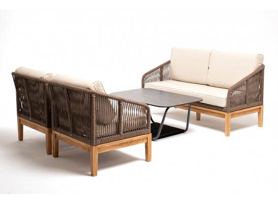 "Канны" лаунж-зона 4-местная из роупа со столом "Гранада" (серый гранит), основание дуб, роуп коричневый, ткань бежевая в Каменске-Уральском