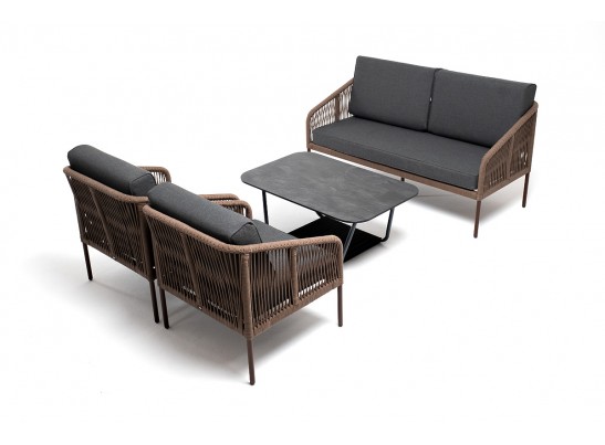 "Канны" лаунж-зона 4-местная из роупа со столом "Верона" (серый гранит), каркас алюминиевый коричневый, роуп коричневый в Каменске-Уральском