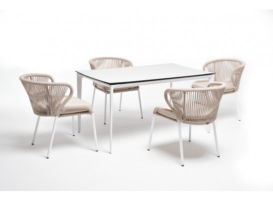 "Малага" обеденная группа на 4 персоны со стульями "Милан", каркас белый, роуп бежевый в Каменске-Уральском