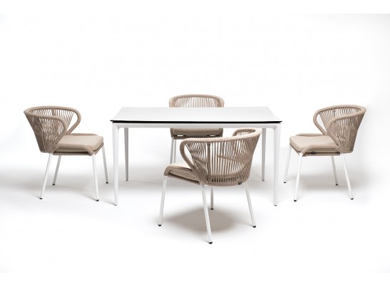 "Малага" обеденная группа на 4 персоны со стульями "Милан", каркас белый, роуп бежевый в Каменске-Уральском