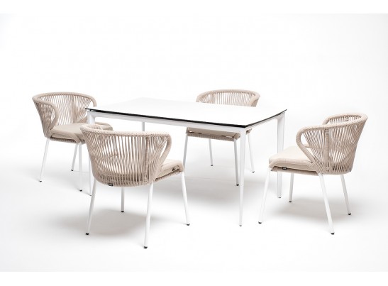 "Малага" обеденная группа на 4 персоны со стульями "Милан", каркас белый, роуп бежевый в Каменске-Уральском