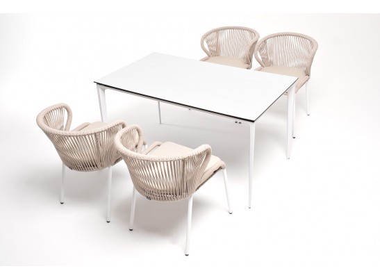 "Малага" обеденная группа на 4 персоны со стульями "Милан", каркас белый, роуп бежевый в Каменске-Уральском