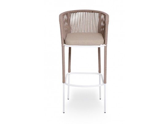 "Марсель" стул барный плетеный из роупа, каркас из стали белый муар, роуп бежевый круглый, ткань бежевая 052 в Каменске-Уральском