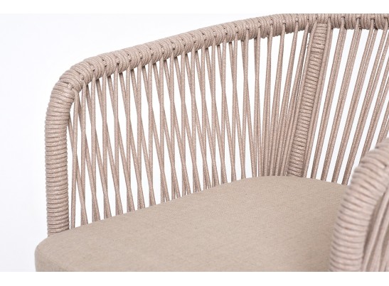 "Марсель" стул барный плетеный из роупа, каркас из стали белый муар, роуп бежевый круглый, ткань бежевая 052 в Каменске-Уральском