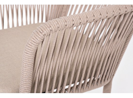 "Марсель" стул барный плетеный из роупа, каркас из стали белый муар, роуп бежевый круглый, ткань бежевая 052 в Каменске-Уральском