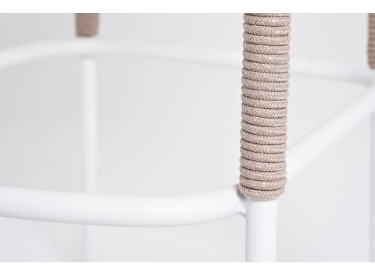 "Марсель" стул барный плетеный из роупа, каркас из стали белый муар, роуп бежевый круглый, ткань бежевая 052 в Каменске-Уральском
