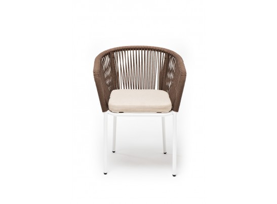 "Марсель" стул плетеный из роупа, каркас алюминий белый муар, роуп коричневый круглый, ткань бежевая 052 в Каменске-Уральском