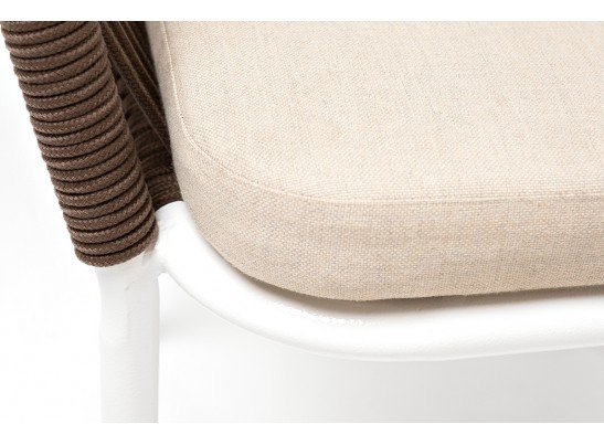 "Марсель" стул плетеный из роупа, каркас алюминий белый муар, роуп коричневый круглый, ткань бежевая 052 в Каменске-Уральском