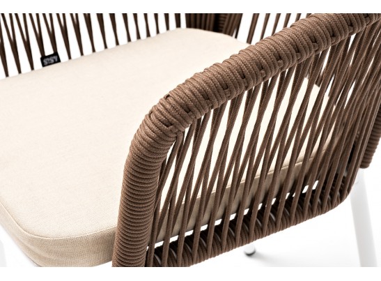"Марсель" стул плетеный из роупа, каркас алюминий белый муар, роуп коричневый круглый, ткань бежевая 052 в Каменске-Уральском