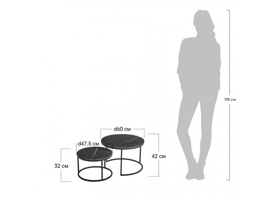 Набор кофейных столиков Tango серый мрамор с чёрными ножками, 2шт в Каменске-Уральском
