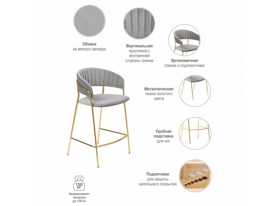 Комплект из 2-х стульев полубарных Turin серый с золотыми ножками в Каменске-Уральском
