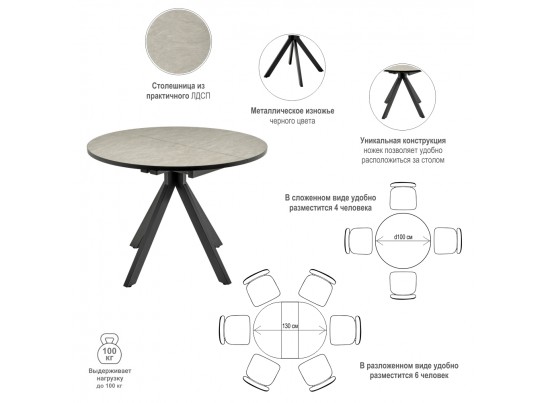 Стол Rudolf круглый раскладной 90-120x90x75см, Бетон слюда, чёрный в Каменске-Уральском