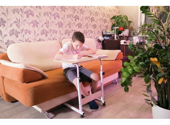 Стол многофункциональный на колесах, 60x40 см, «РОЛЛ», 2 ножки, регул.высота, мдф, металл, св. дерево, белый в Каменске-Уральском