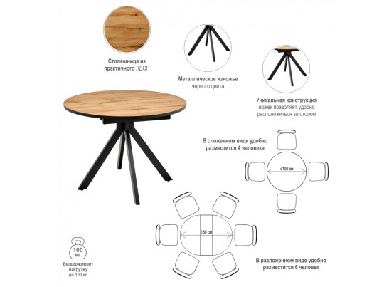 Стол Rudolf круглый раскладной 100-130x100x75см, Дуб Вотан, чёрный в Каменске-Уральском