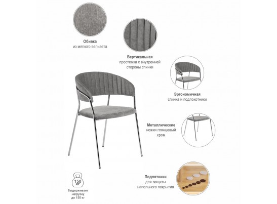 Комплект из 4-х стульев Turin серый вельвет с хромированными ножками в Каменске-Уральском
