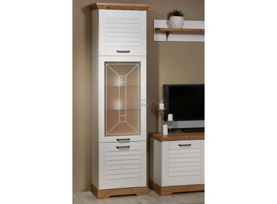 Пенал со стеклом высокий, Кантри (592*410*2104) Сосна Андерсен, Орех Риббек натуральный, 31001 в Каменске-Уральском