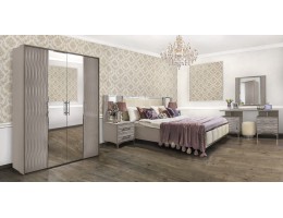 Спальня Гравита 1600*2000, зеркало ППУ, туалетный стол, пуфик, тумбы, панели, с 4х створчатым шкафом, серый камень глянец