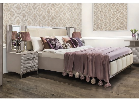 Спальня Гравита 1800*2000, зеркало ППУ, туалетный стол, пуфик, тумбы, панели, с 5и створчатым шкафом, серый камень глянец