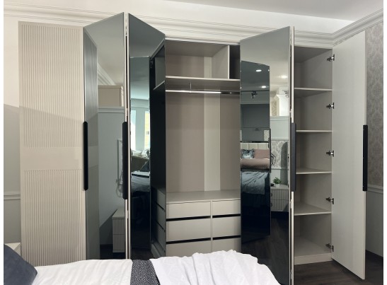 Шкаф Стелла 6-створчатый с зеркалом светло серый камень