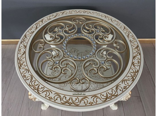 Стол журнальный круглый Жасмин (слоновая кость, патина золото)