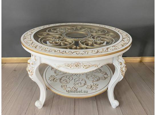 Стол журнальный круглый Жасмин (белый, патина золото)