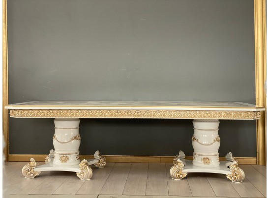 Стол обеденный раскладной Жасмин (голд мрамор, белый, патина золото)