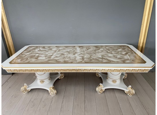 Стол обеденный раскладной Жасмин (голд мрамор, белый, патина золото)