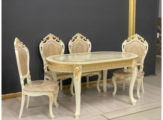 Стол овальный раскладной Розалия столешница под мрамор с молдингом (слоновая кость, патина золото)