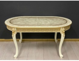 Стол овальный раскладной Розалия столешница под мрамор с молдингом (слоновая кость, патина золото)