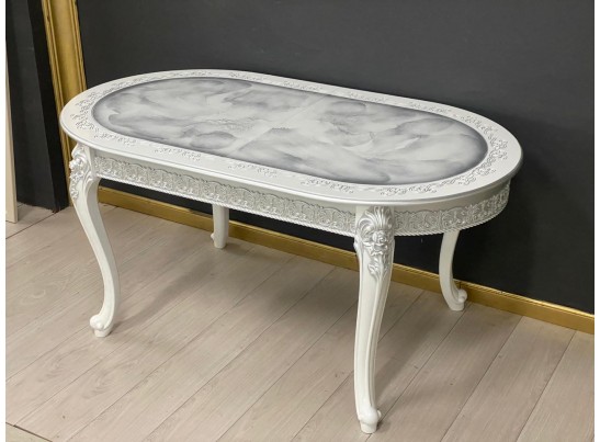 Стол овальный раскладной Розалия столешница под мрамор с молдингом (белый, патина серебро)